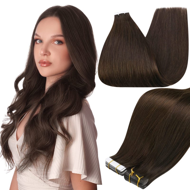 Full Shine Tape in Hair Extensions Human Hair Darkest Brown 24 Inch Seamless Tape in Extensions Brazilian Remy Hair Skin Weft Hair 20 Pieces 50 Grams Color 2 Glue Human Hair Extensions for Wedding - Image 1